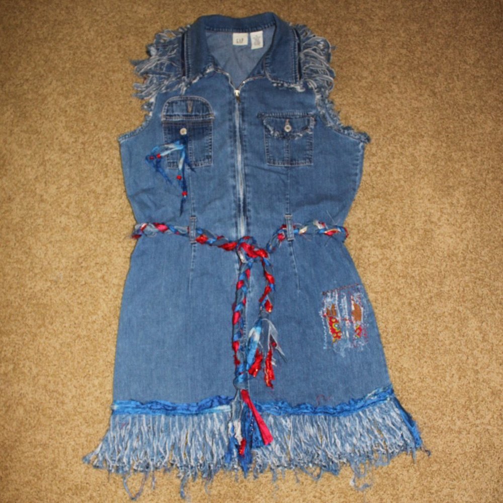 Gap, fringe, distressed denim dress
